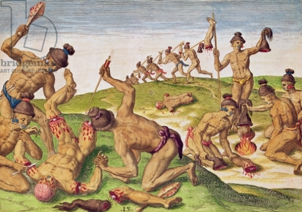 Como os índios tratados os cadáveres de seus inimigos, "de Narratio Brevis ..", gravado por Theodore de Bry (1528-1598), publicado em Frankfurt, 1591 (gravura colorida)